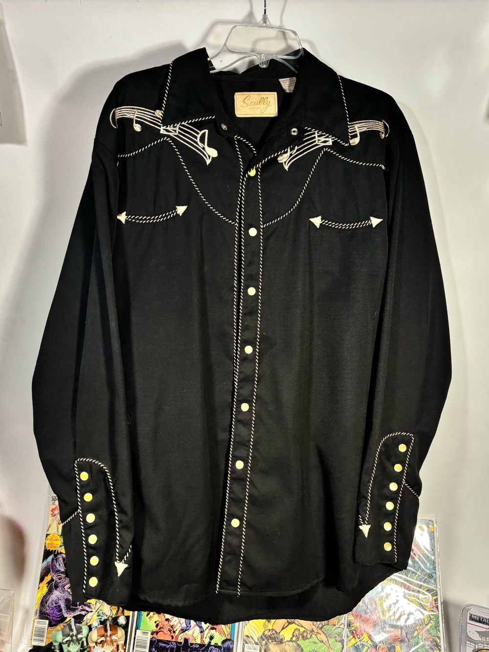 Scully Black Western Shirt Music Note Embroidered Snap Pearl Style P-627 Mens LG